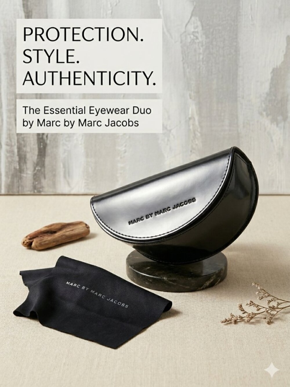 NEW Authentic Marc Jacobs Black Clamshell Sunglasses Case & Cleaning Cloth